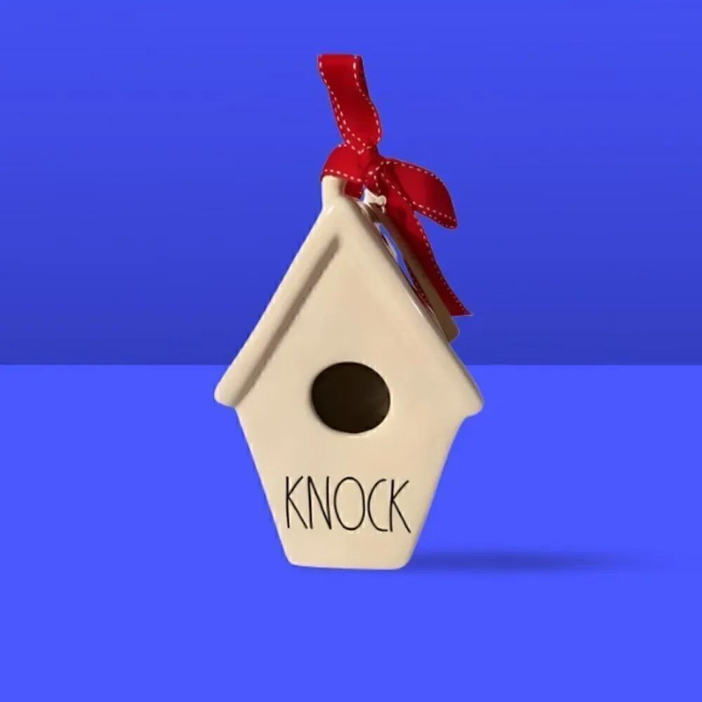 Rae Dunn KNOCK Slanted Roof Ceramic Birdhouse with Nest on Back. Brand New.